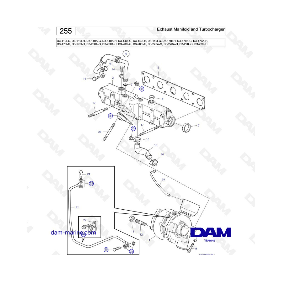 Volvo Penta D3-110I / D3-140A & I / D3-150I / D3-170A & I / D3-200A & I / D3-220A & I - Colector de escape y turbo