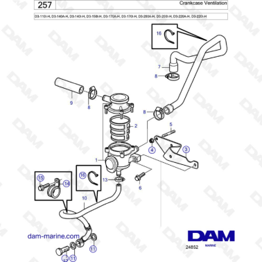 Volvo Penta D3-110I-H/D3-140A-H I-H/D3-150I-H/D3-170A-H I-H/D3-170I-H/D3-200A-H I-H/D3-220A-H I-H - Crankcase ventilation
