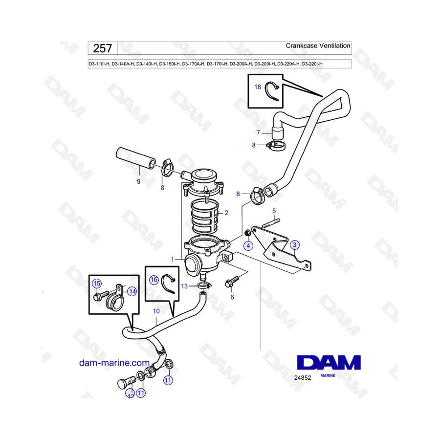 Volvo Penta D3-110I-H/D3-140A-H I-H/D3-150I-H/D3-170A-H I-H/D3-170I-H/D3-200A-H I-H/D3-220A-H I-H - Ventilación del cárter