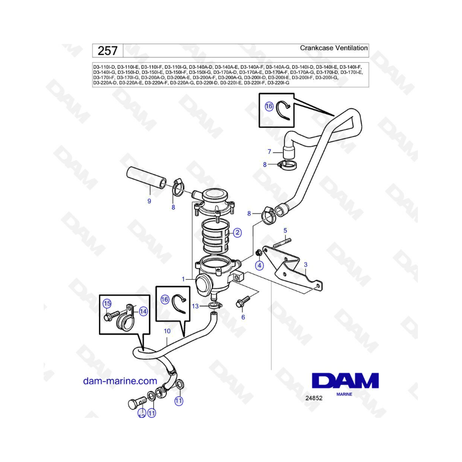 Volvo Penta D3-110I / D3-140A & I / D3-150I / D3-170A & I / D3-200A & I / D3-220A & I - Crankcase ventilation 