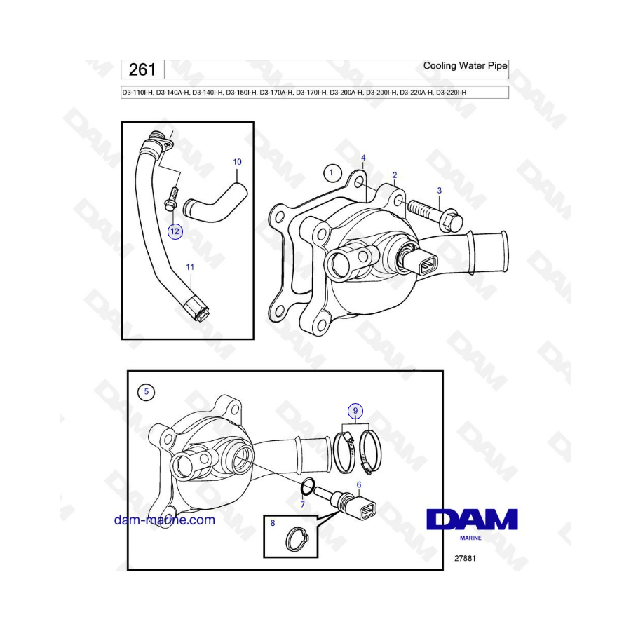 Volvo Penta D3-110I-H/D3-140A-H I-H/D3-150I-H/D3-170A-H I-H/D3-200A-H I-H/D3-220A-H I-H - Cooling water pipe