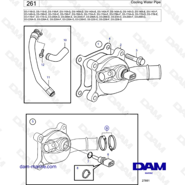Volvo Penta D3-110I / D3-140A & I / D3-150I / D3-170A & I / D3-200A & I / D3-220A & I - Cooling water pipe
