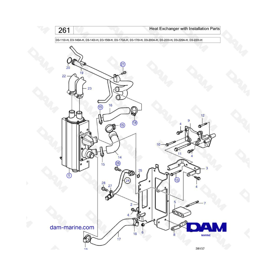 Volvo Penta D3-110I-H/D3-140A-H I-H/D3-150I-H/D3-170A-H I-H/D3-200A-H I-H/D3-220A-H I-H - Heat exchanger with installation parts