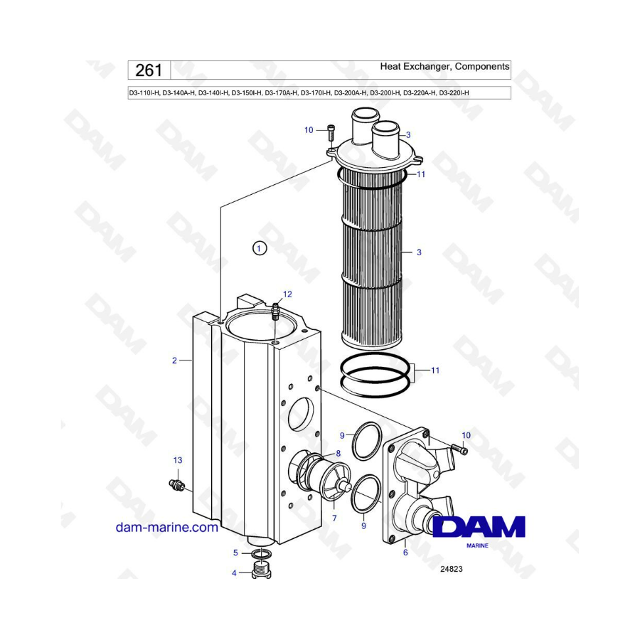 Volvo Penta D3-110I-H / D3-140A-H I-H / D3-150I-H / D3-170A-H I-H / D3-200A-H I-H / D3-220A-H I-H - Heat exchanger, components