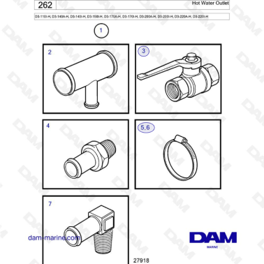 Volvo Penta D3-110I-H/D3-140A-H I-H/D3-150I-H/D3-170A-H I-H/D3-200A-H I-H/D3-220A-H I-H - Hot water outlet