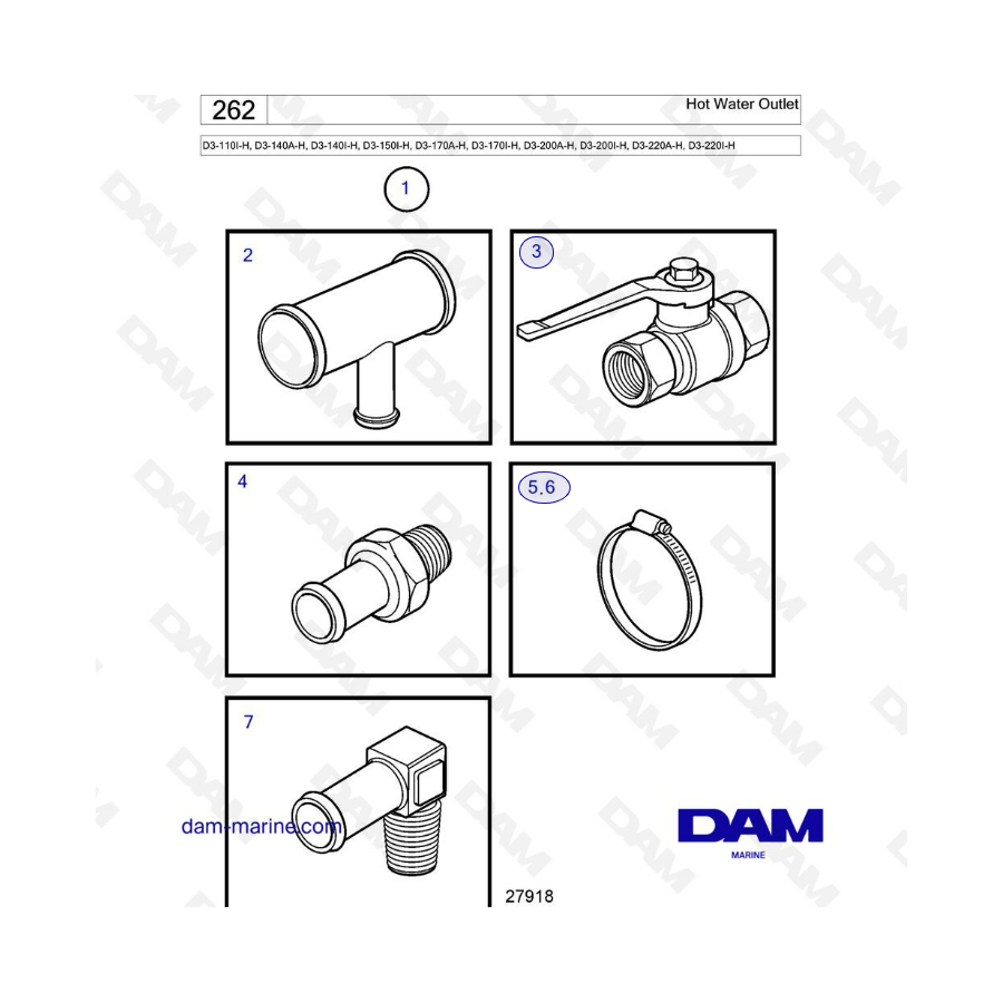 Volvo Penta D3-110I-H/D3-140A-H I-H/D3-150I-H/D3-170A-H I-H/D3-200A-H I-H/D3-220A-H I-H - Hot water outlet