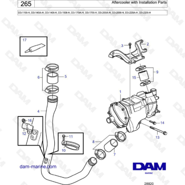 Volvo Penta D3-110I-H/D3-140A-H I-H/D3-150I-H/D3-170A-H I-H/D3-200A-H I-H/D3-220A-H I-H - Aftercooler with installation parts