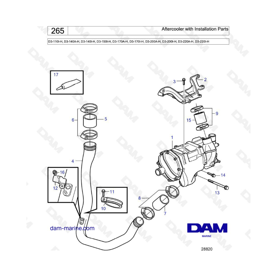 Volvo Penta D3-110I-H/D3-140A-H I-H/D3-150I-H/D3-170A-H I-H/D3-200A-H I-H/D3-220A-H I-H - Aftercooler with installation parts