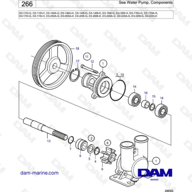 Volvo Penta D3-110I/D3-140A I/D3-150I/D3-170A I/D3-200A I/D3-220A I - Sea water pump, components