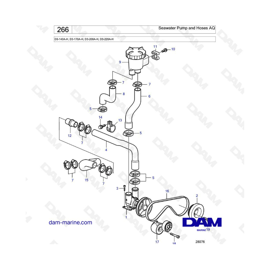 Volvo Penta D3-140A-H/D3-170A-H/D3-200A-H/D3-220A-H - Bomba de agua de mar y mangueras AQ