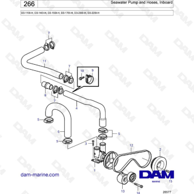 Volvo Penta D3-110I-H/D3-140I-H/D3-150I-H/D3-170I-H/D3-200I-H/D3-220I-H - Seawater pump & hoses, inboard
