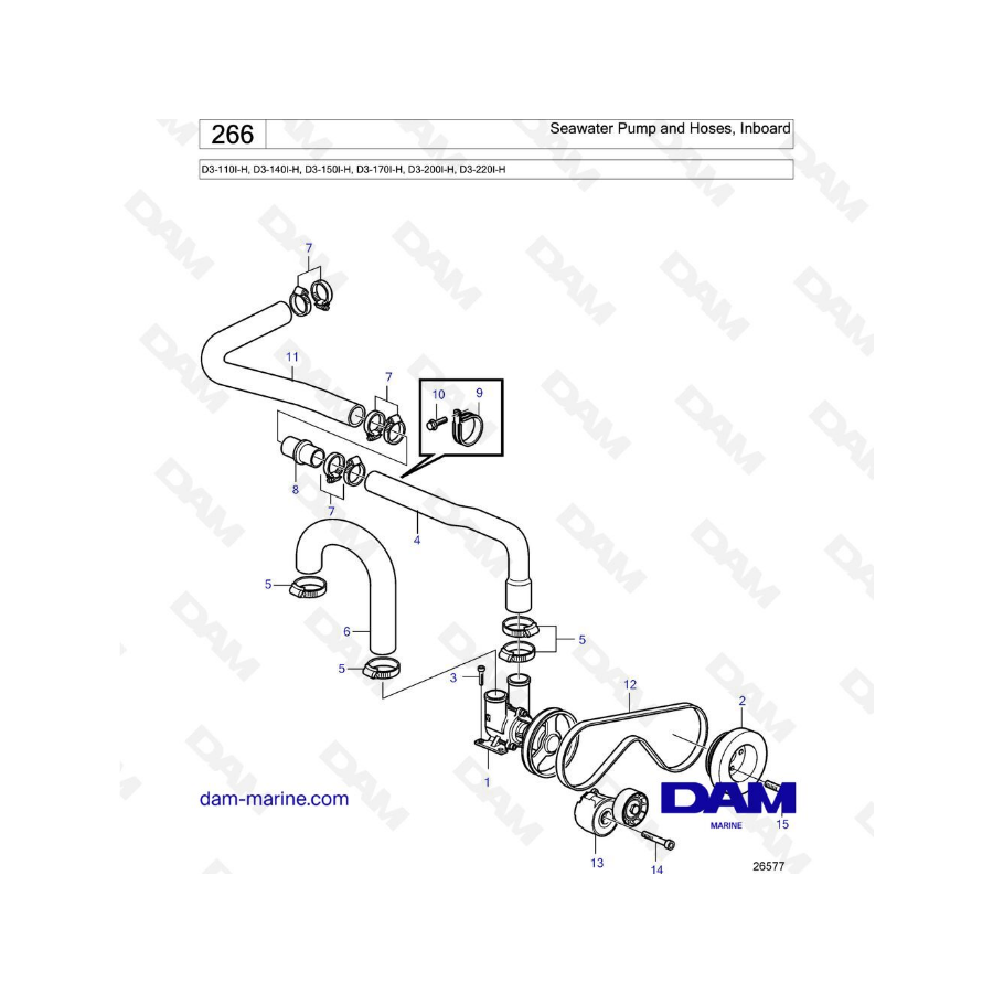 Volvo Penta D3-110I-H/D3-140I-H/D3-150I-H/D3-170I-H/D3-200I-H/D3-220I-H - Bomba y mangueras de agua de mar, interiores