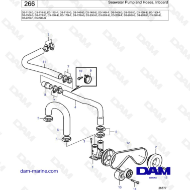 Volvo Penta D3-110/D3-140/D3-150/D3-170/D3-200/D3-220 - Seawater pump & hoses, inboard