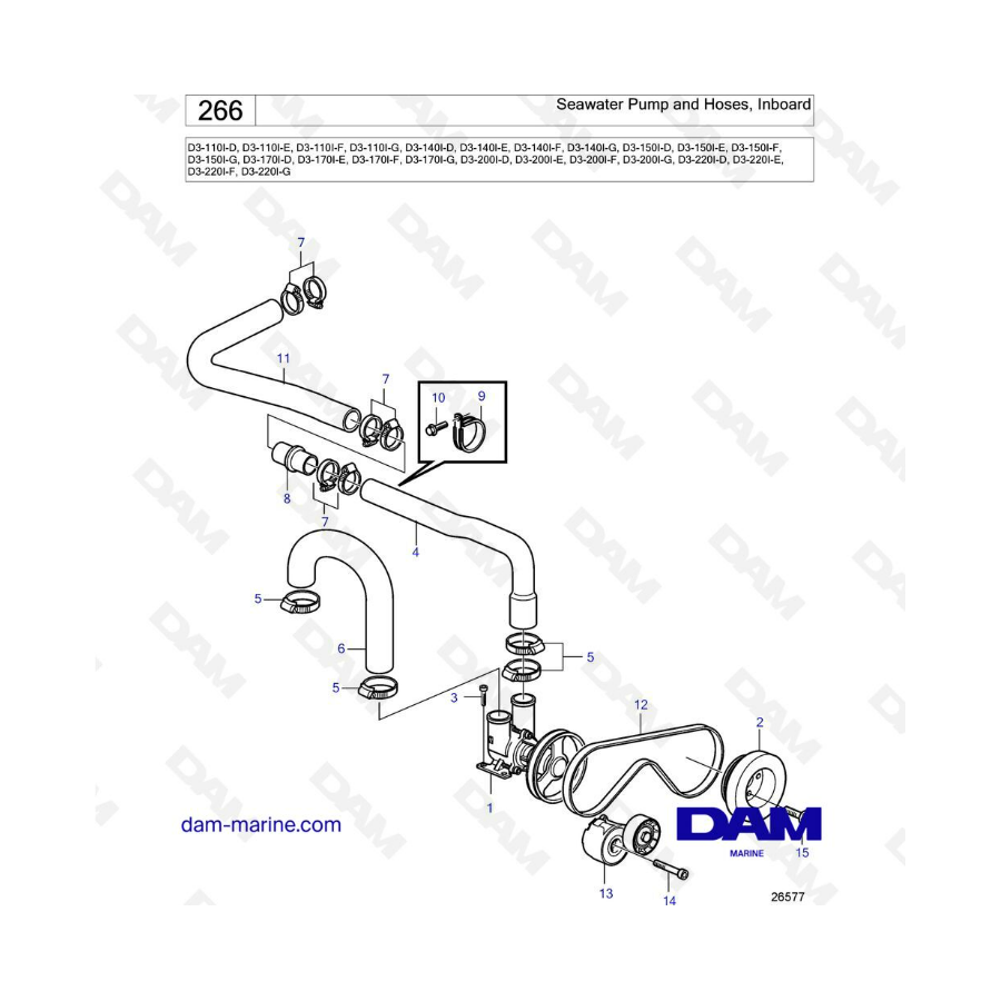 Volvo Penta D3-110/D3-140/D3-150/D3-170/D3-200/D3-220 - Bomba de agua de mar y mangueras, interiores