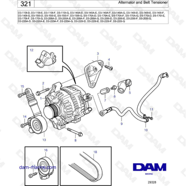 Volvo Penta D3-110/D3-140/D3-150/D3-170/D3-200/D3-220 - Alternator & belt tensioner