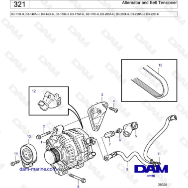 Volvo Penta D3-110I-H/D3-140A-H I-H/D3-150I-H/D3-170I-H/D3-200A-H I-H/D3-220A-H I-H - Alternator & belt tensioner