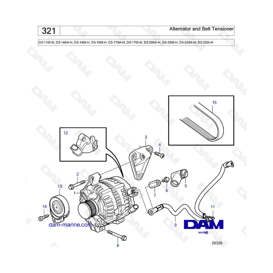 Volvo Penta D3-110I-H/D3-140A-H I-H/D3-150I-H/D3-170I-H/D3-200A-H I-H/D3-220A-H I-H - Alternator & belt tensioner