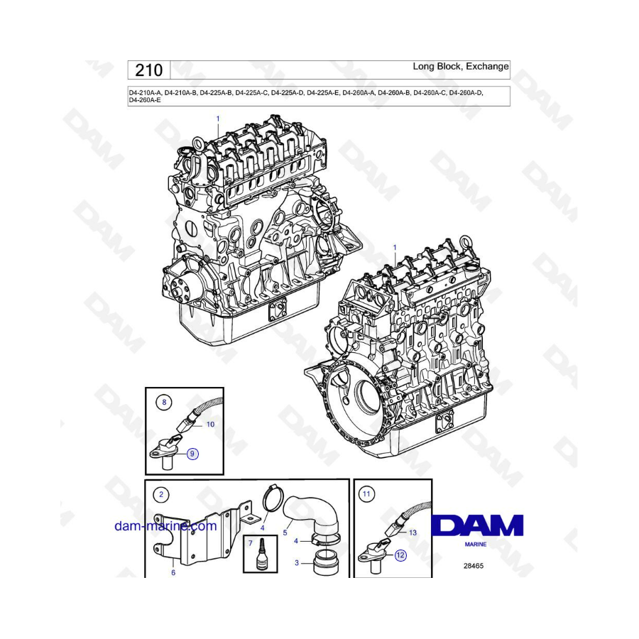 Volvo Penta D4-210A-A -B / D4-225A-B -C -D -E / D4-260A-A -B -C -D -E - Bloque largo, intercambio