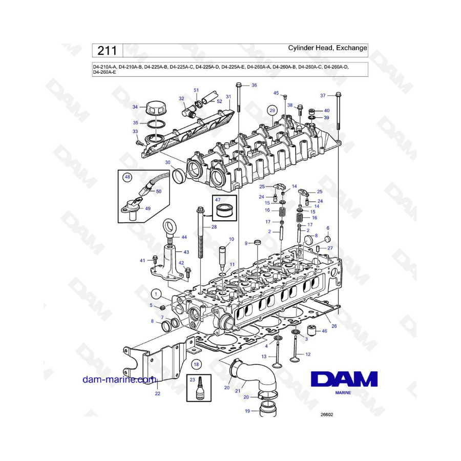 Volvo Penta D4-210A-A -B / D4-225A-B -C -D -E / D4-260A-A -B -C -D -E - Cylinder head, exchange