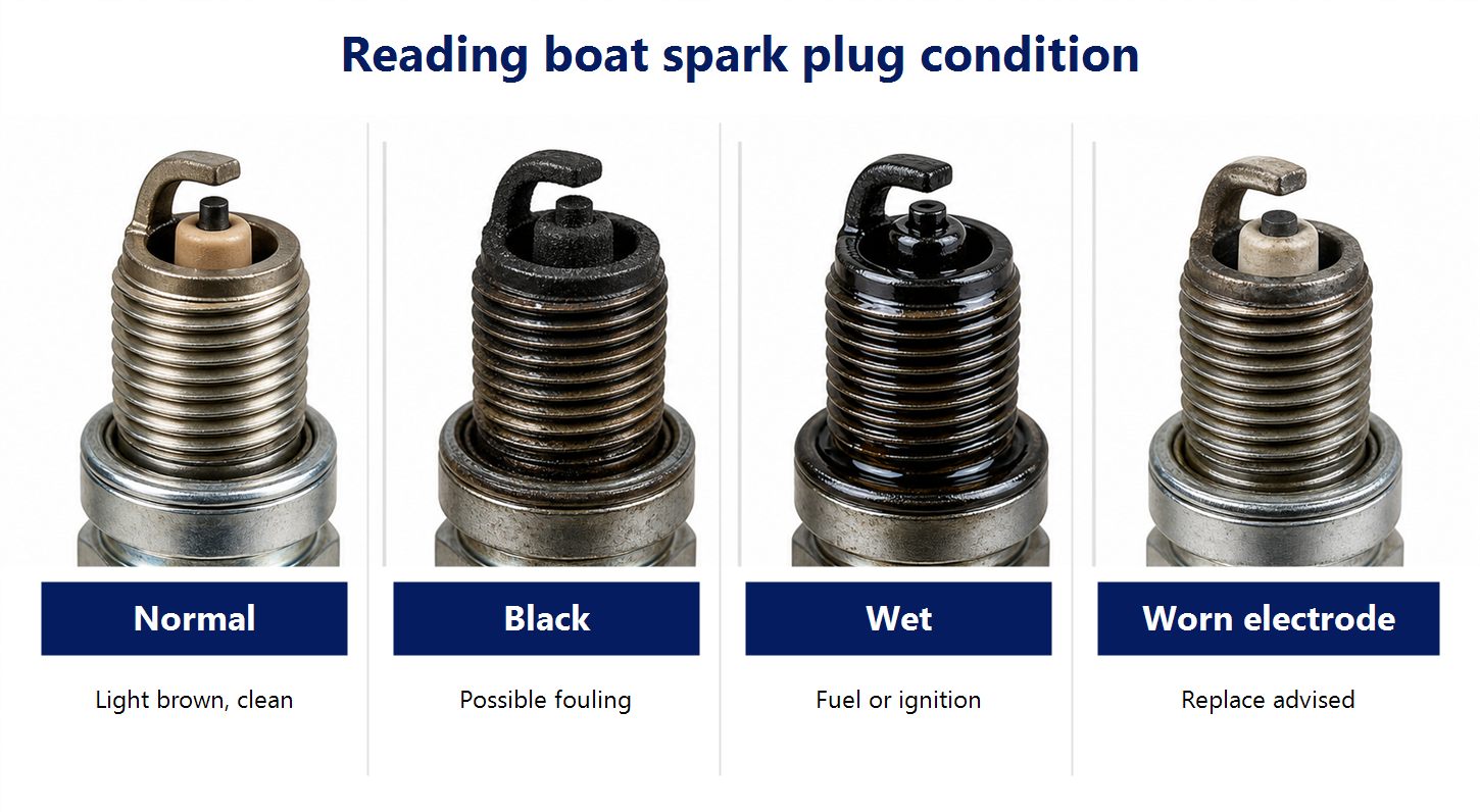 Infographic explaining how to read the condition of a boat spark plug