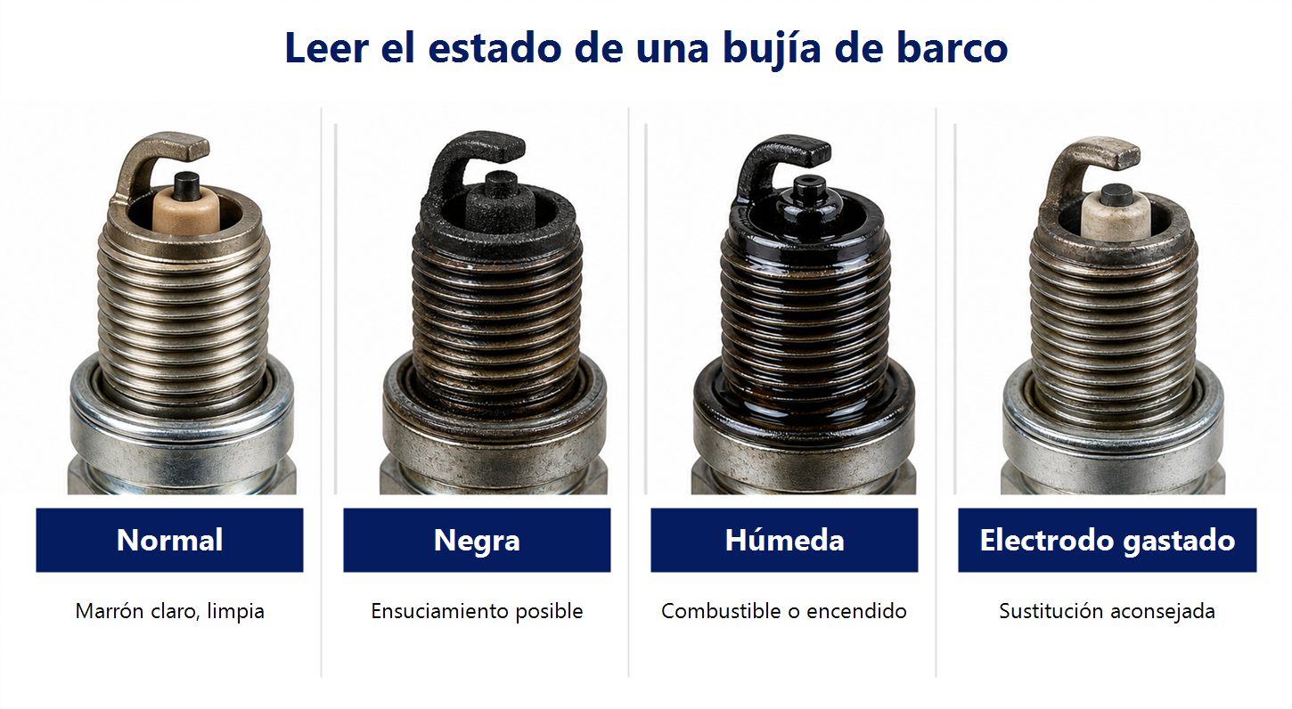 Infografía para leer el estado de una bujía de encendido de barco
