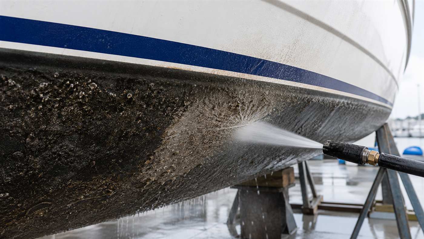 Pulizia della carena di una barca con idropulitrice prima dell'antifouling