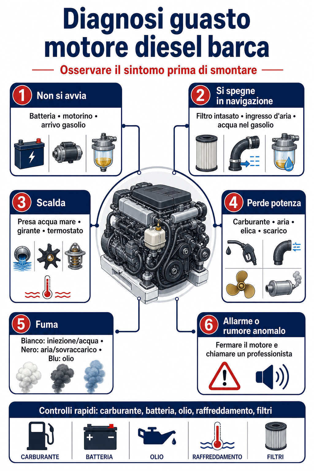 Infografica per diagnosticare guasti del motore diesel da barca