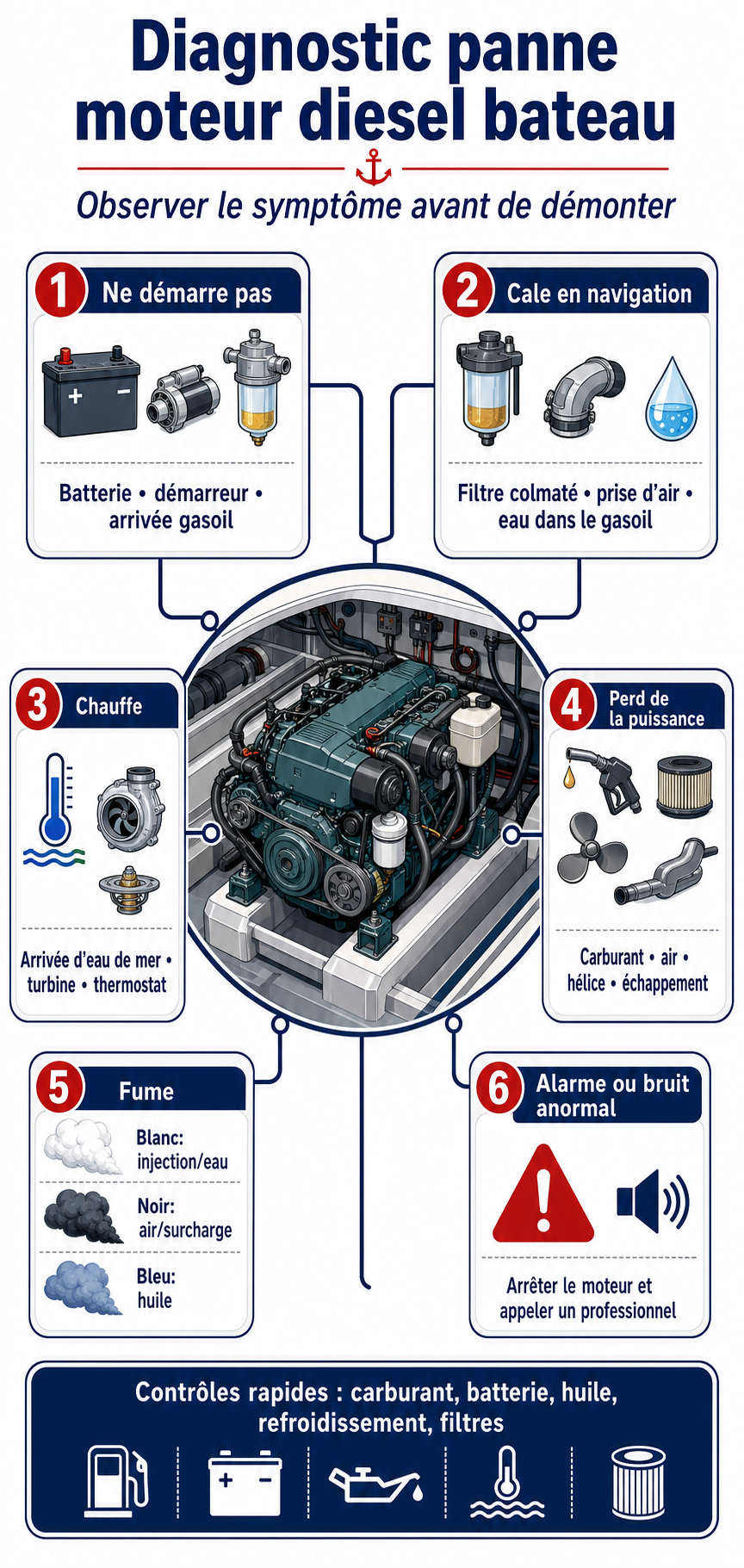 Infographie de diagnostic des pannes de moteur diesel bateau