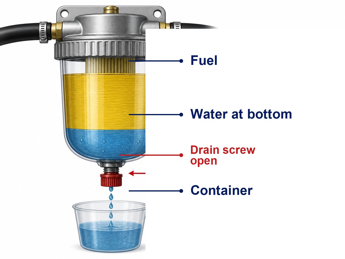 Checking and draining a fuel water separator on a boat fuel system