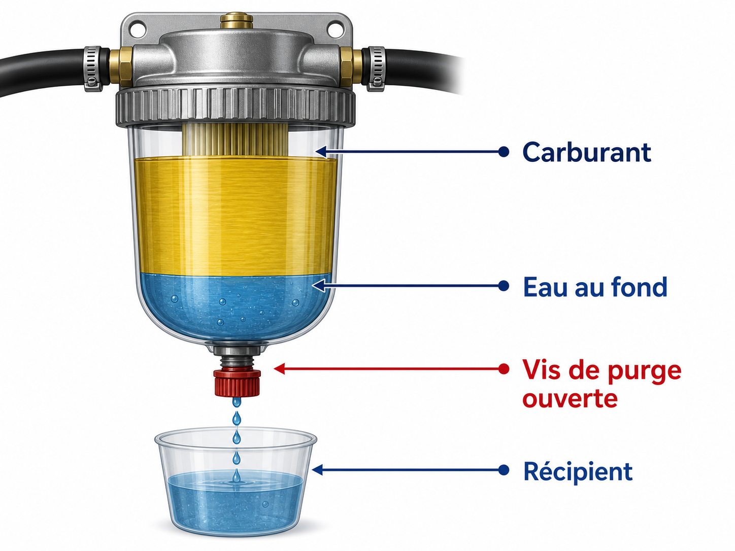 Contrôle et purge d'un filtre décanteur sur un circuit carburant de bateau