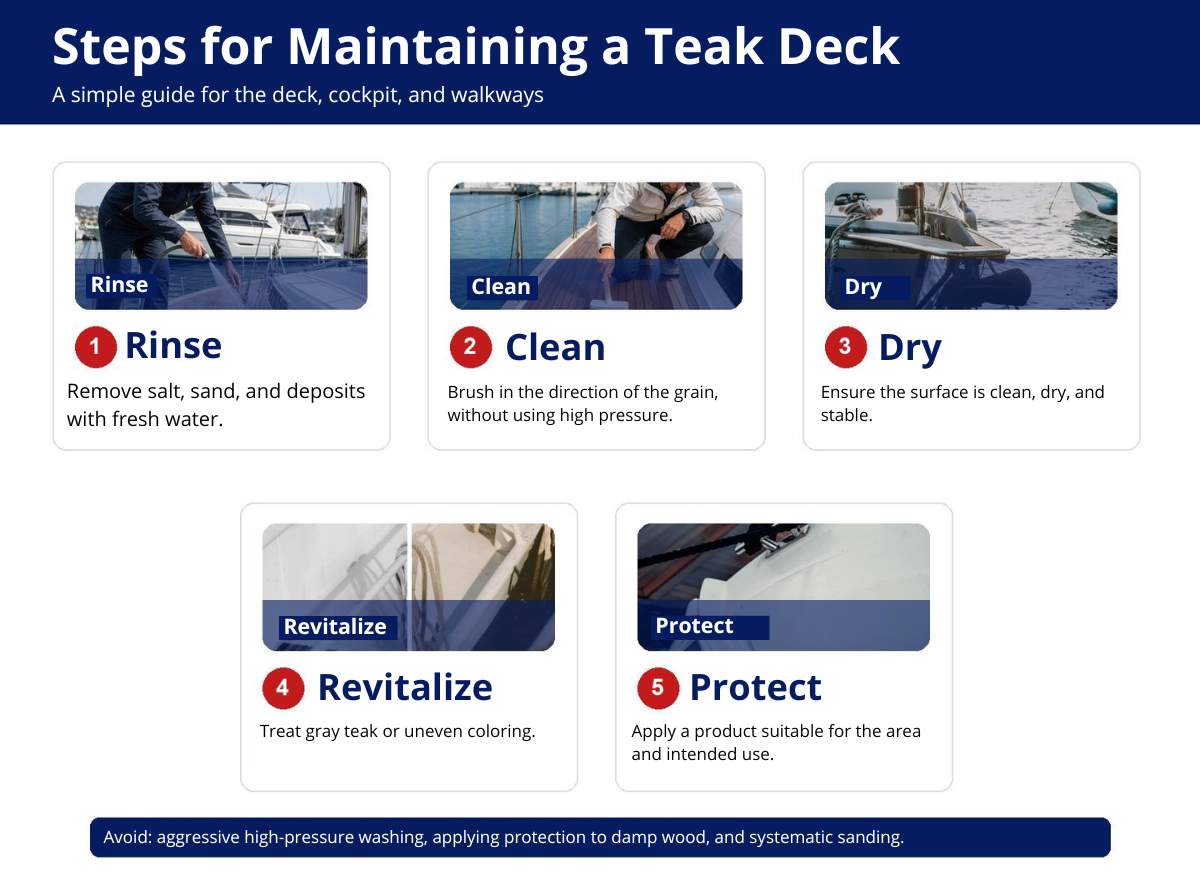 Steps for maintaining a teak boat deck