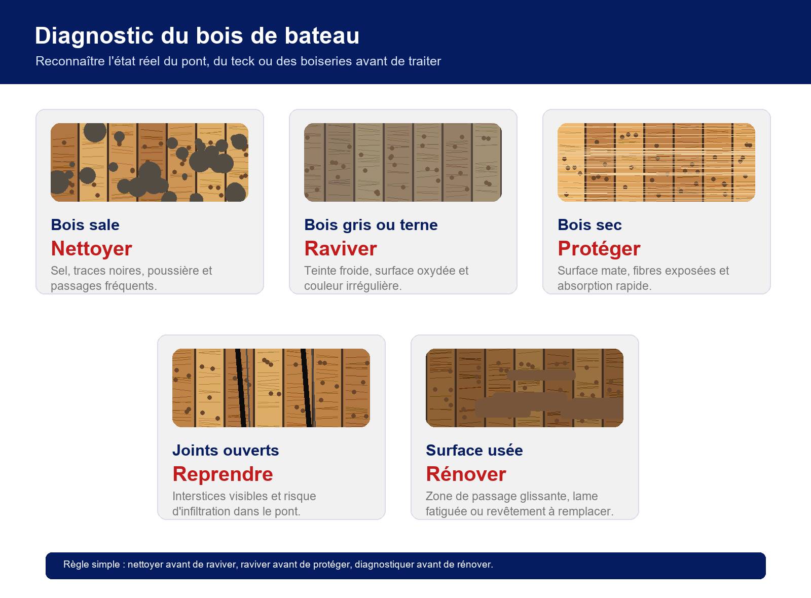 Diagnostic visuel des différents états du bois sur un bateau