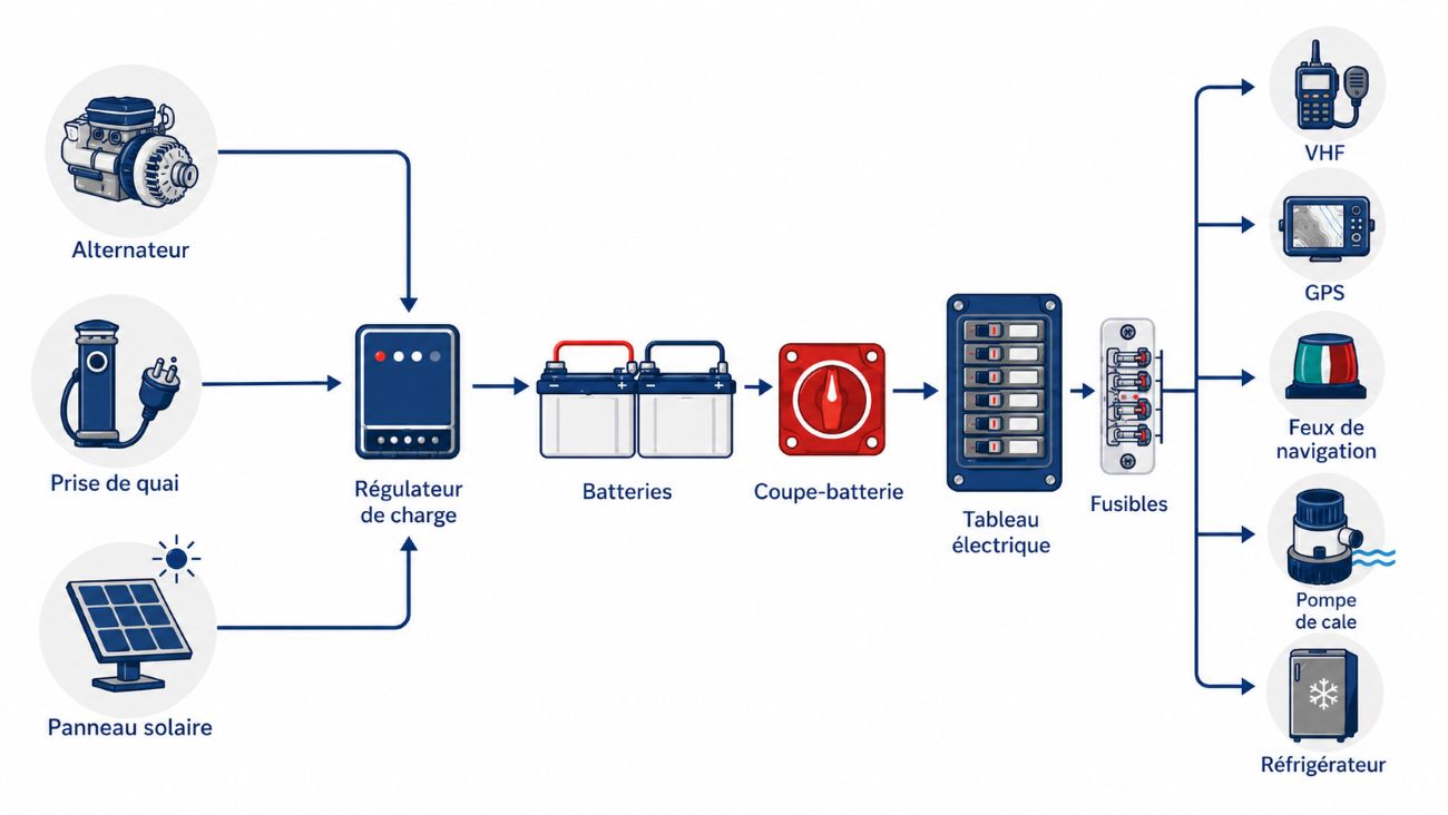 Schéma du fonctionnement du système électrique d’un bateau