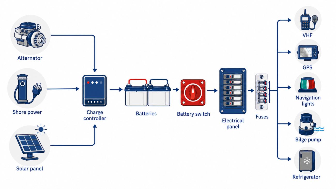 Diagram showing how a boat electrical system works
