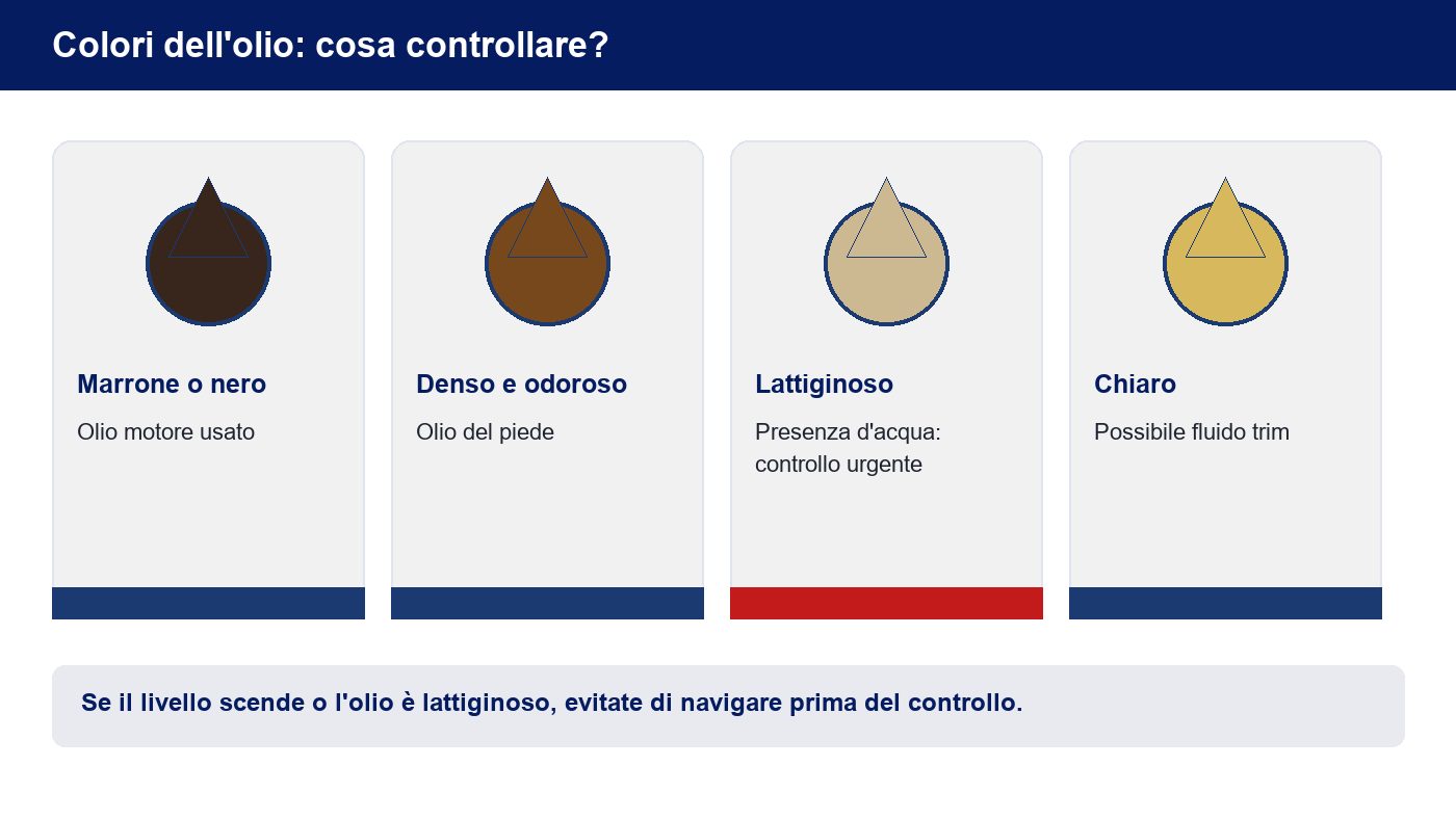 Infografica sui colori dell'olio motore e del piede poppiero della barca