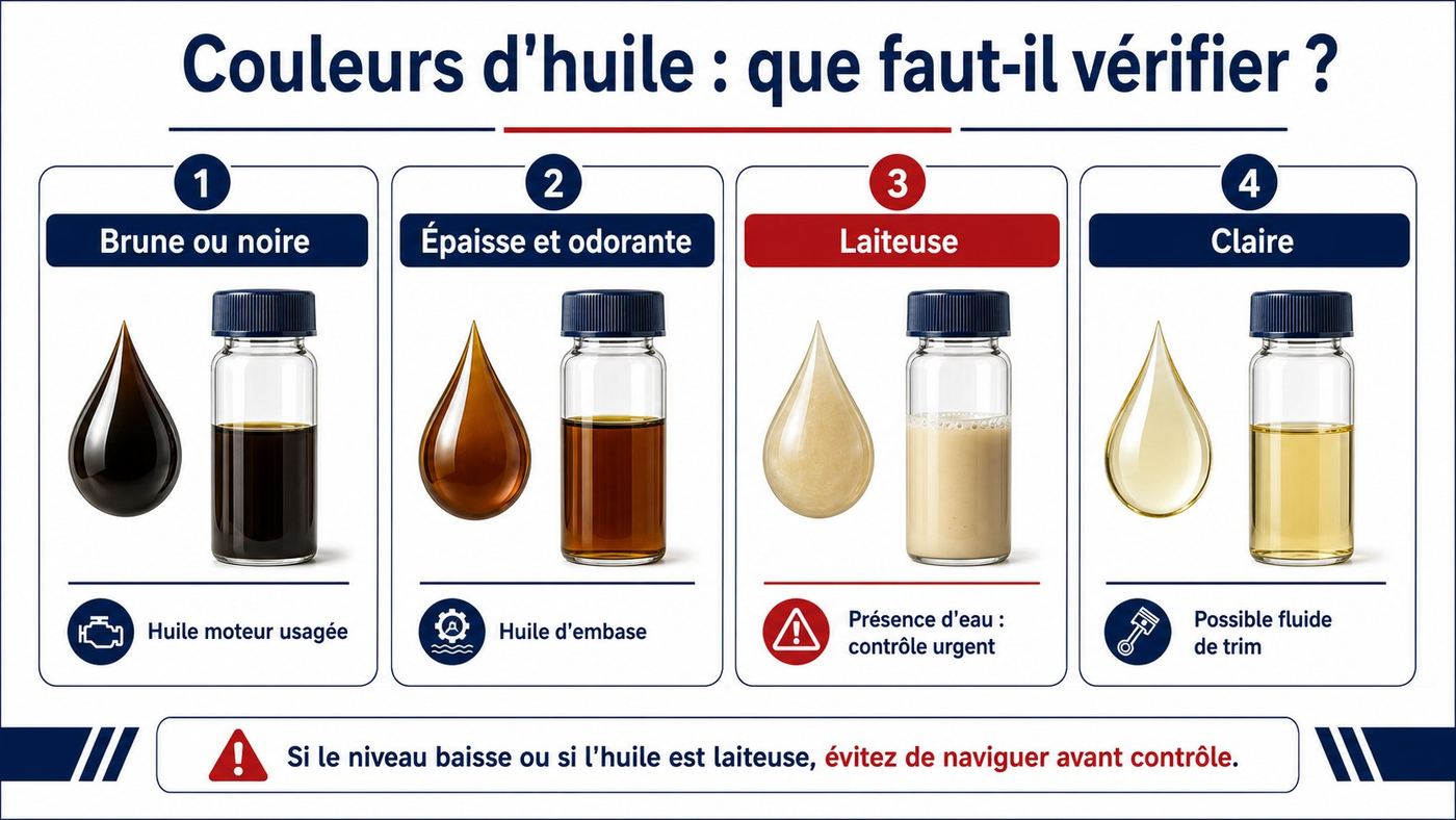 Infographie sur les couleurs d'huile moteur et d'embase bateau