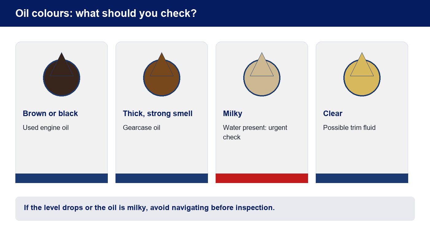 Infographic about engine oil and gearcase oil colours on a boat