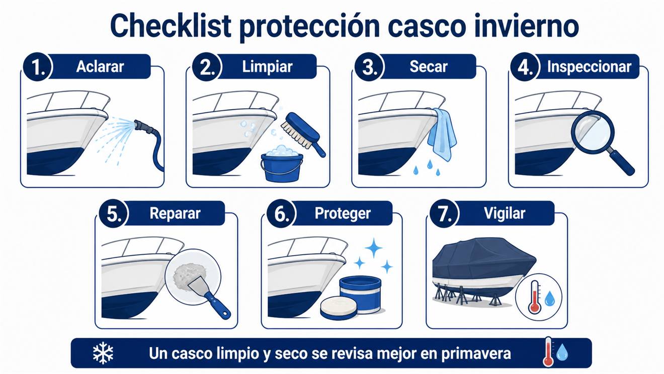 Checklist visual para proteger el casco y el gelcoat de un barco en invierno