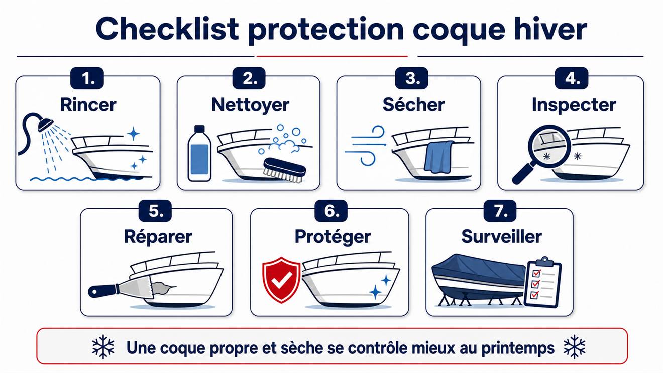 Checklist visuelle pour protéger la coque et le gelcoat d'un bateau en hiver