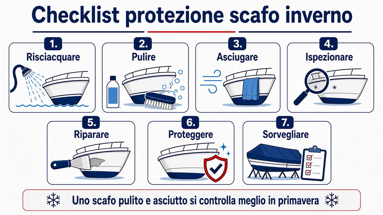 Checklist visiva per proteggere scafo e gelcoat di una barca in inverno