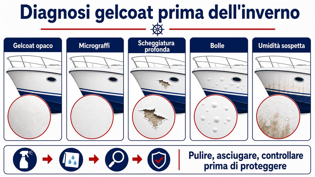 Infografica per diagnosticare lo stato del gelcoat prima dell'invernaggio di una barca