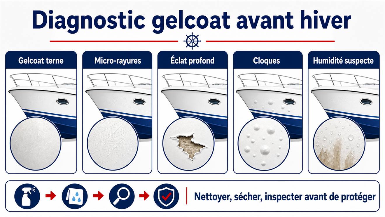 Infographie pour diagnostiquer l'état du gelcoat avant l'hivernage d'un bateau