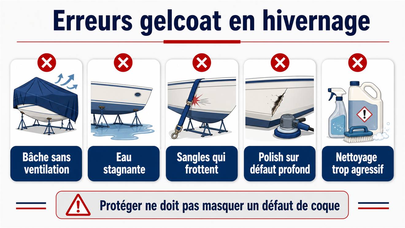 Infographie des erreurs à éviter pour protéger le gelcoat d'une coque pendant l'hiver
