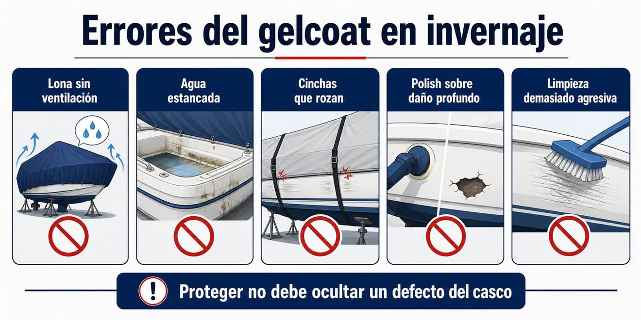 Infografía de errores que se deben evitar para proteger el gelcoat de un casco en invierno