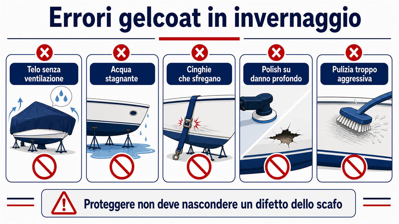 Infografica degli errori da evitare per proteggere il gelcoat dello scafo in inverno