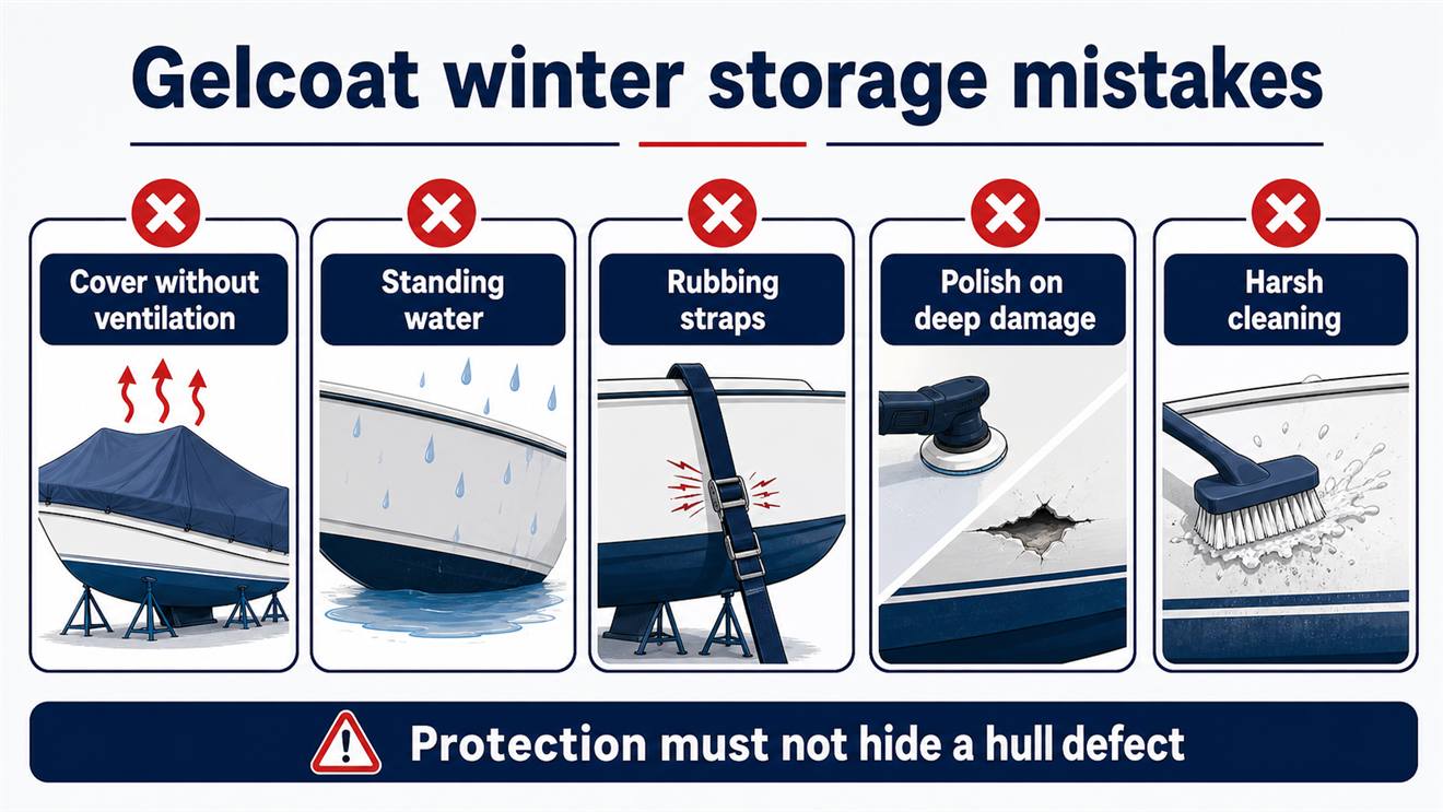 Infographic of mistakes to avoid when protecting hull gelcoat during winter storage