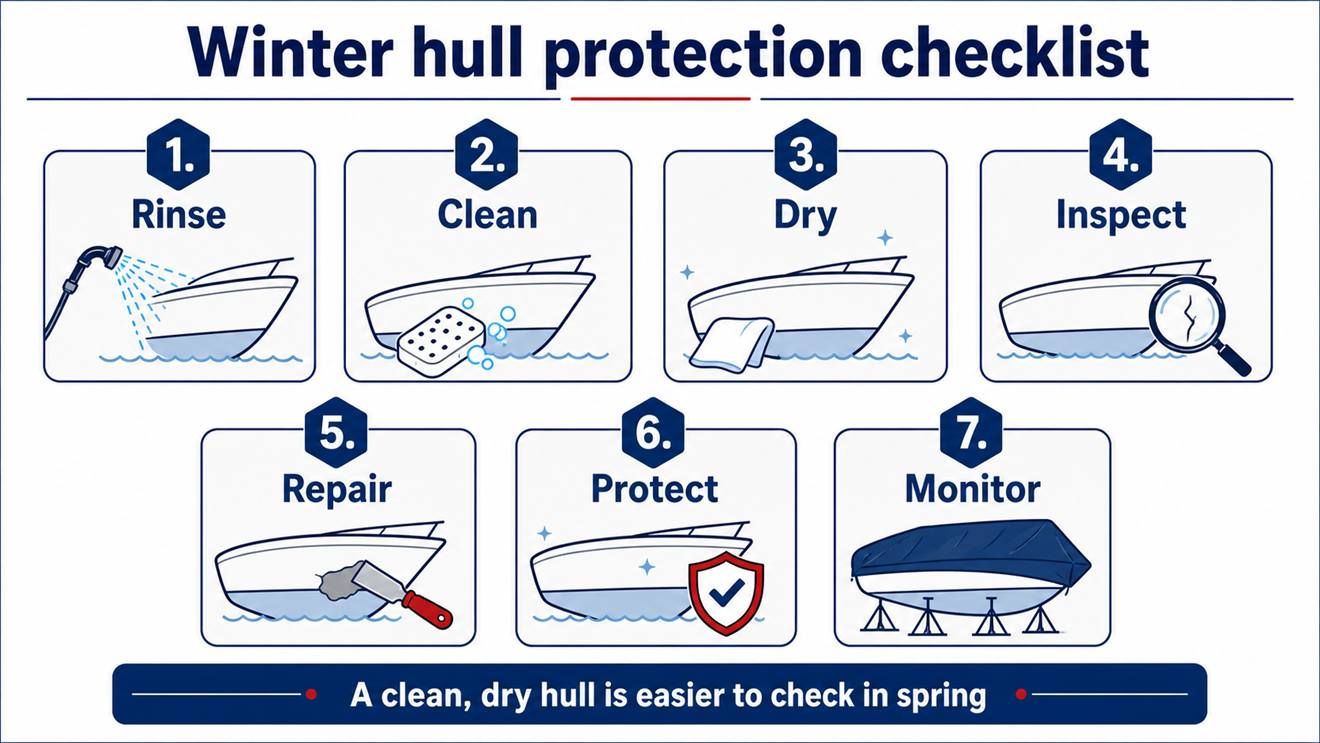Visual checklist for protecting a boat hull and gelcoat in winter