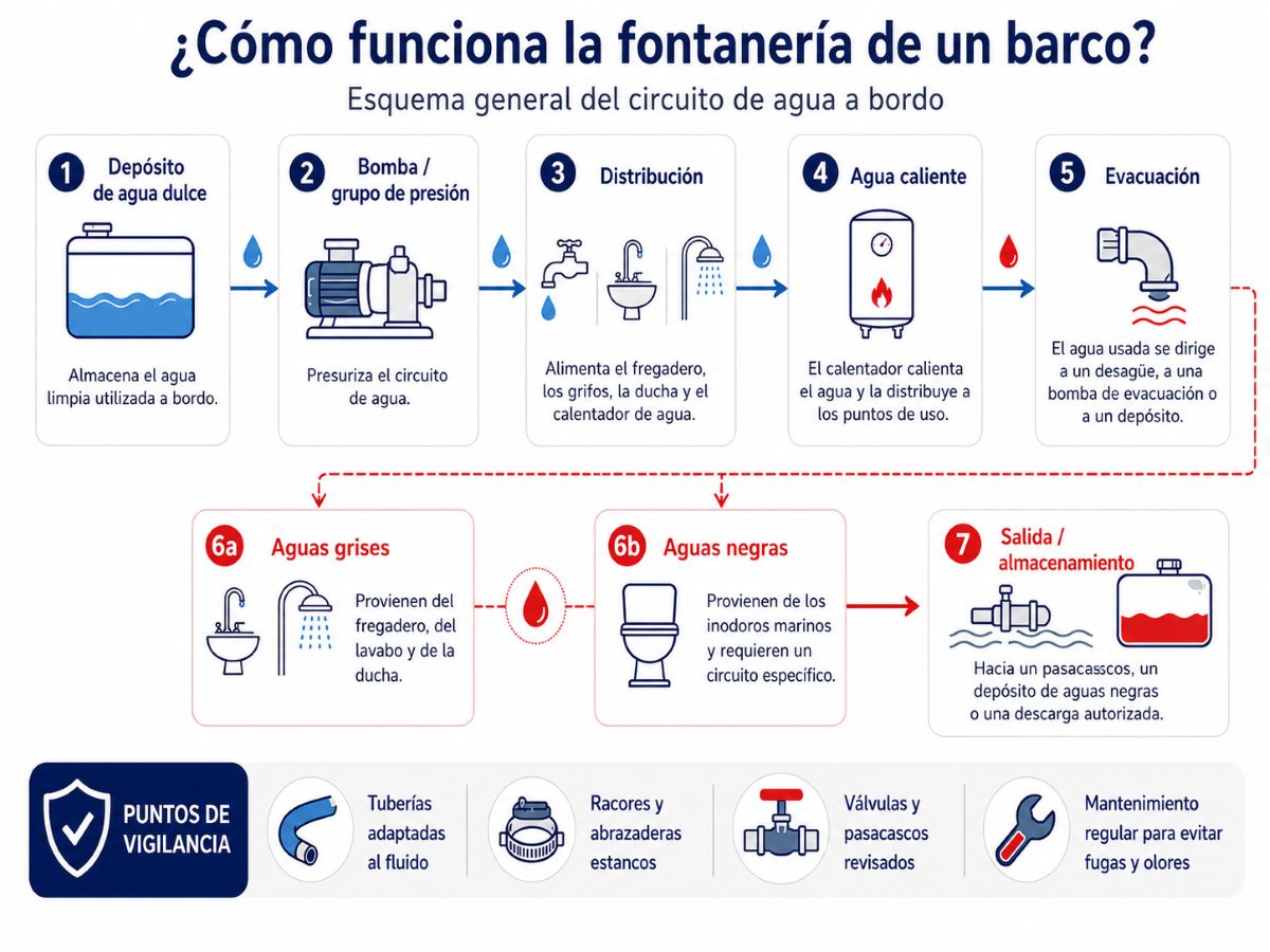 Esquema del funcionamiento del almacenamiento y la distribución de agua en un barco