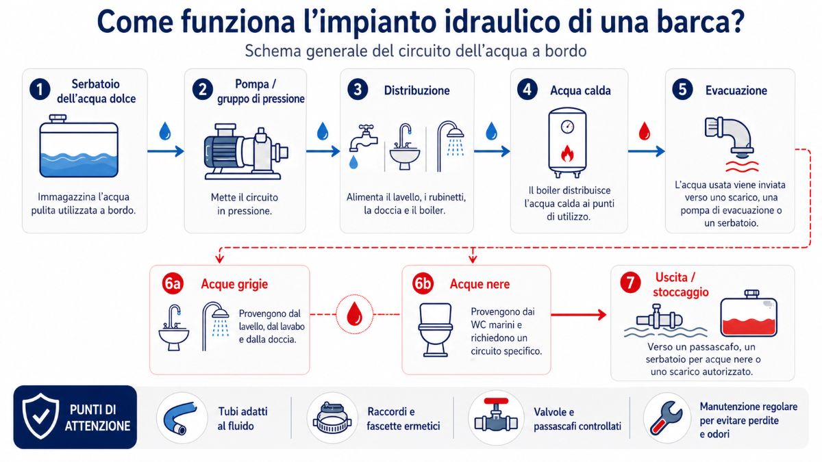 Schema del funzionamento dello stoccaggio e della distribuzione dell’acqua in barca