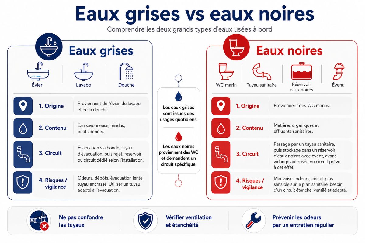 Comparatif entre eaux grises et eaux noires sur un bateau
